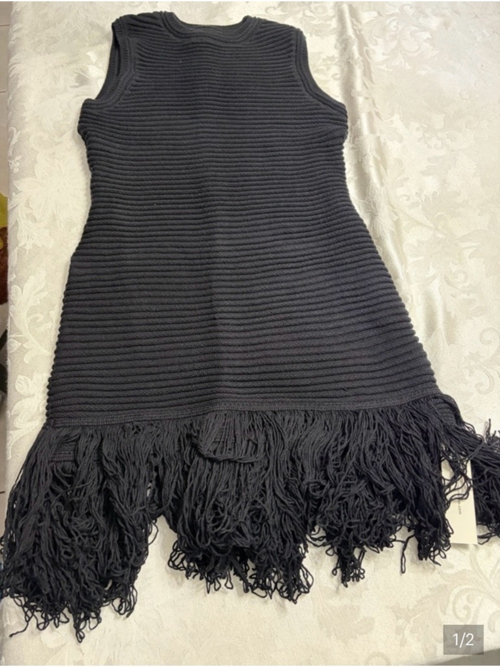 Commense Ribbed Knit Fringe Hem Dress - Black